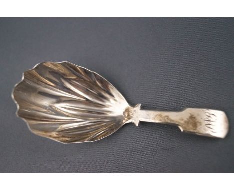 A George III silver caddy spoon, the fiddle pattern handle engraved with the initials G M P and a petal shaped bowl, London 1