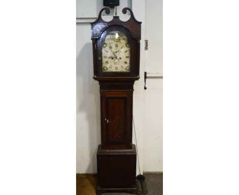 A 19th century Welsh oak eight day longcase clock, the painted dial inscribed Michael Marks, Swansea, with fruit in a bowl to
