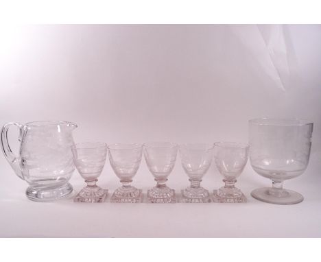 A set of five drinking glasses engraved with hunting scenes of riders and hounds, each with scalloped cut pedestal bases, 11.