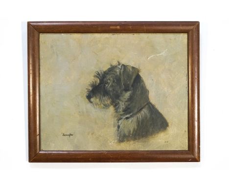 English School, mid-20th century, Portrait of a Terrier,  titled 'Jenefer', oil on board, monogram A.W., 19.5cm x 24.5cm
