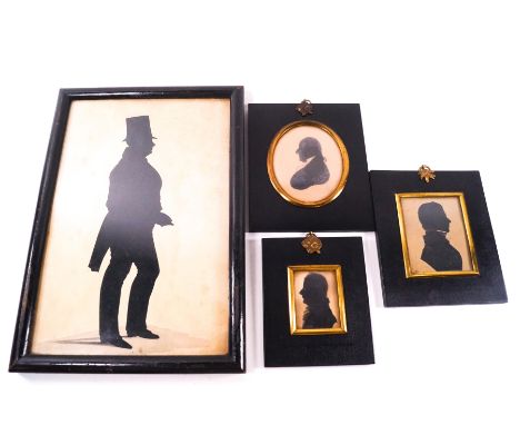 Three 19th century silhouettes of Gentlemen, together with a full length portrait example of a Gentleman in a top hat, 27cm x