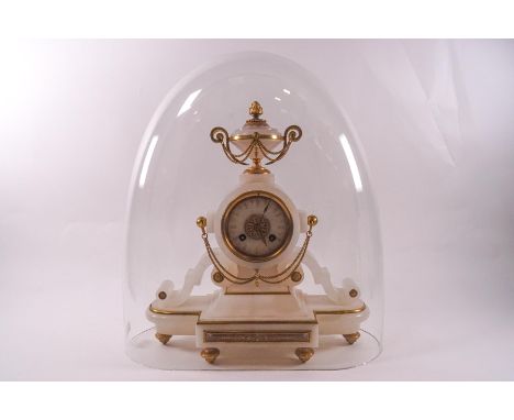 A Continental white marble and gilt eight day mantel clock, the surround of Classical form surmounted by an urn and with hang