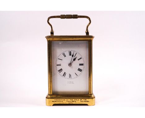 A Victorian brass presentation carriage clock, the enamel dial signed Oldfield, Liverpool, 19cm high including carrying handl