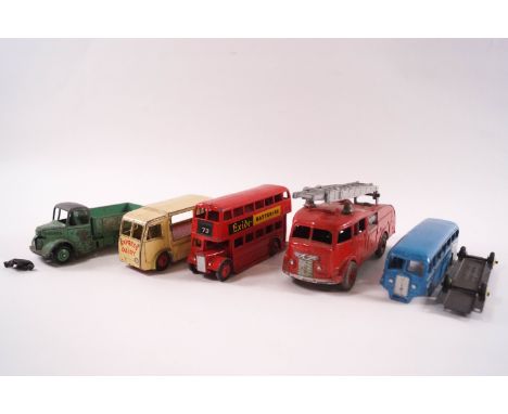 Five 1950's/60's Dinky die-cast vehicles: Supertoy Fire Engine, London bus, 30V N.C.B Electric van, Bedford truck, Luxury Coa