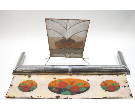 An Art Deco chrome fender with enamel hearth, 130cm wide, and an Art Deco fireguard, 56cm x 47cm