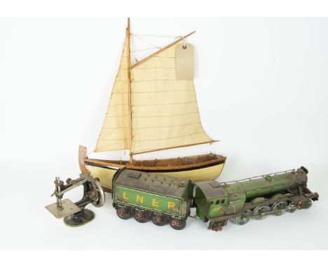 Sailing Dinghy Flying Scotsman Model and small Singer 'Button Hole' sewing machine, Dinghy constructed in wood with mast and 