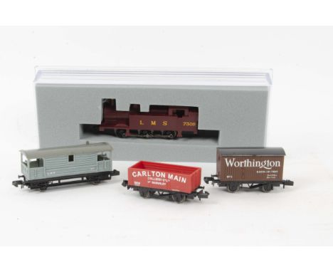 A Boxed Graham Farish (Bachmann) LMS 0-6-0T Locomotive and Wagons, the loco in unlined (self-coloured) crimson as LMS 7309, i