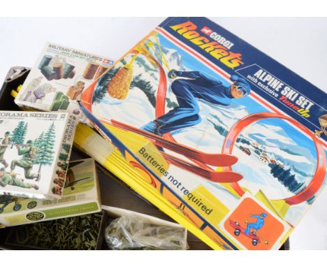 Corgi Rocket Set Action Man and Airfix Figures, Corgi Rockets Alpine Ski Set (lacks Skier), in original box, Matchbox Superfa