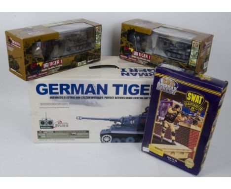 Radio Controlled Tiger Tanks and America's Finest Action Figure, all boxed including a Hen Long 1:16 scale bullet firing Tige