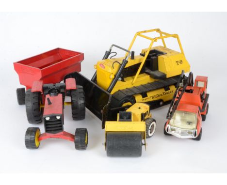 Five Tonka Toy Vehicles,  large T-9 Mighty Tonka Dozer, large red Tractor and Trailer, smaller Breakdown Truck and Road rolle