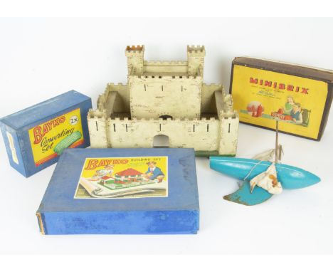 Construction Toys Castle and Boats, Bayko Set 2 and 2X, Brickplayer Kit 3, Minibrix Tudor Set with instructions, Lott's Brick