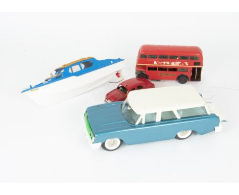 Tri-ang Cars Scalex Boat and Poplar Plastic Bus, Tri-ang large scale pressed steel Ranger 10 estate car in blue with white ro