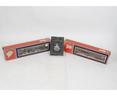 Boxed Lima OO Gauge Trains and Atlas Editions Pocket Watches, GWR green 'King George V' locomotive and tender, and a LMS crim