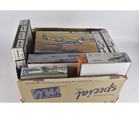 Various makers 1:48 scale plastic unmade Aircraft Kits, Tamiya P-510 Mustang with additional detail parts, Spitfire, Focke Wu