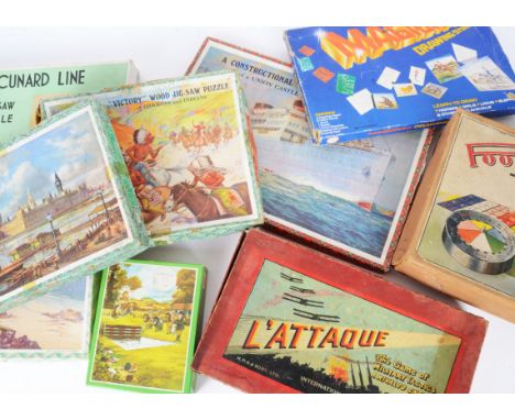 Various pre and post war Toys Games and Jigsaws, Poolette Roulette, HPG L'Attaque, Peter Rabbit Race Game board, Magidraw, Ju