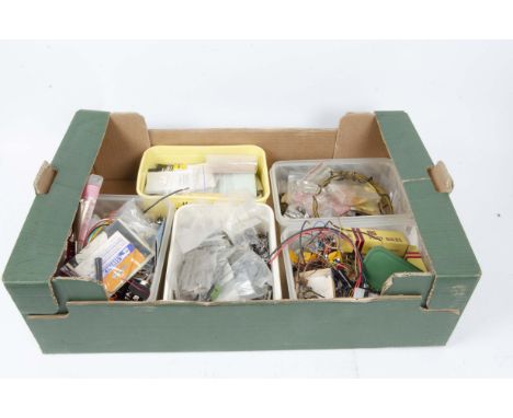 Electrical Components, for layouts and rolling stock, various lamp bulbs, switches, connectors, battery holders, wiring, cast