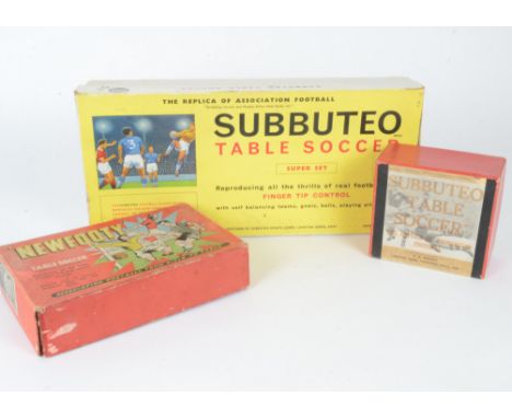 Newfooty Table Soccer and early Subbuteo, Newfooty set comprising two celluloid teams, blue/white quarters and white shorts a