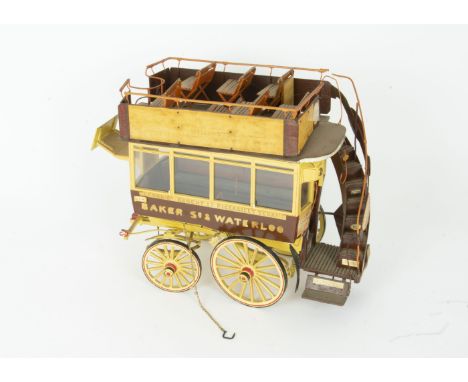 Large scale model of an open top Horse Drawn Omnibus, constructed mainly in wood with full detail to lower and upper deck, me