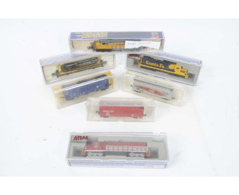 American N Gauge Diesel Locomotives and Freight Stock by Atlas and Life-like, comprising Atlas Bo-Bo diesels in Santa Fe yell