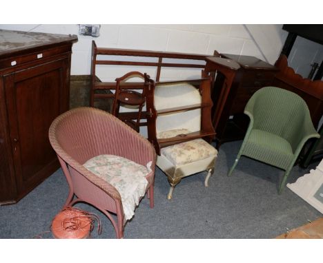 A George III oak hanging corner cupboard; an Edwardian music cabinet; an open bookcase; a plant stand; a Delft rack; three-ti