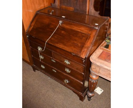 An 18th century mahogany bureau, fall front, fitted interior with well, two short and two long drawers, bracket supports, 92c