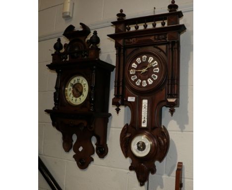 Two 20th century mahogany veneered wall clocks, one with integral barometer and thermometer (2) 