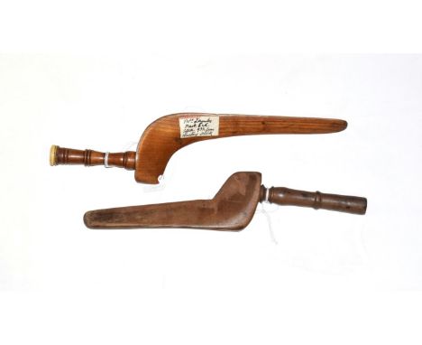 19th century mahogany goose wing knitting sheath, with ring turned handle, bone mount and bears a label 'Mrs Lamby, aged 93.5