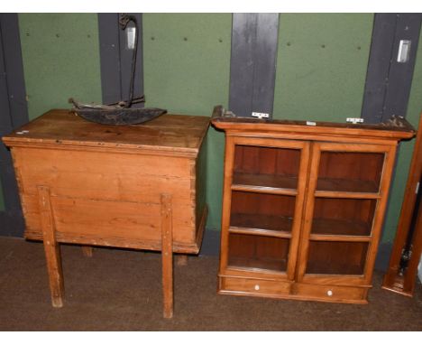 A 19th century pine dough bin, hinged lid, square supports 85cm by 50cm by 84cm high, together with a 19th century pine and a