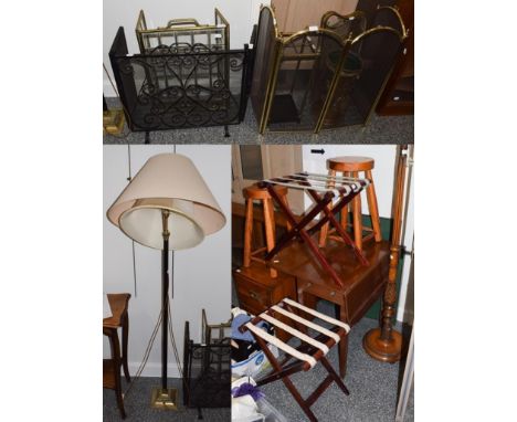 A group of furniture comprising a two drawer teak campaign chest, two folding card tables, a pair of folding luggage stands, 