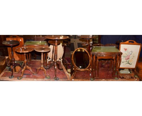 An Edwardian mahogany and inlaid open armchair; with another armchair; five various occasional and wine tables, a nest of tab