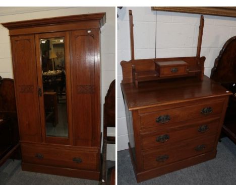 A Victorian oak two piece bedroom suite comprising single mirrored door wardrobe, 121cm by 53cm by 198cm high, with matching 