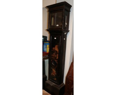 ~ A black chinoiserie longcase clock case, 18th century.  Both stands with all over general wear, scratches, marks etc. Dial 