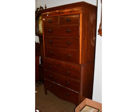 A George III and later mahogany and satinwood banded chest-on-chest, integral cornice above two short and six long drawers, b