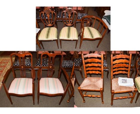 Seven various chairs comprising a pair rush seated ladder-back chairs; a pair mahogany inlaid dining chairs; a pair of Edward