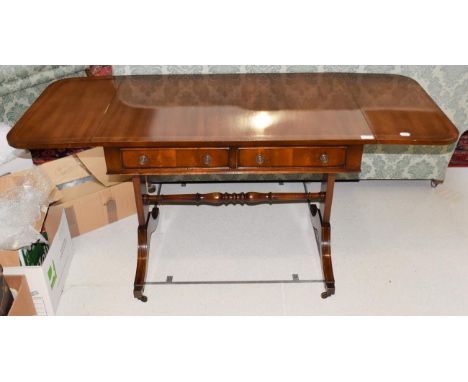 A 20th century inlaid mahogany sofa table by The Thomas Glenister Company, High Wicombe, 153cm (open) by 62cm by 73cm high 