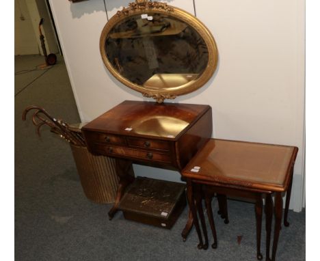 A reproduction sofa table; a nest of three tables; a gilt framed mirror (a.f); a Lloyd Loom linen basket; various walking can