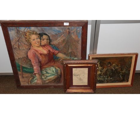 K Center (20th Century) Fisherwomen selling the day's catch, signed, oil on board, together with a further 20th century work 