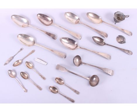 Six silver tablespoons and other silver including teaspoons, a small ladle, etc, 19.6oz troy approx