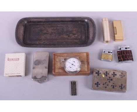 A Russian silver and niello decorated box, a silver plated soap dish, five lighters, a snuff dish and other items