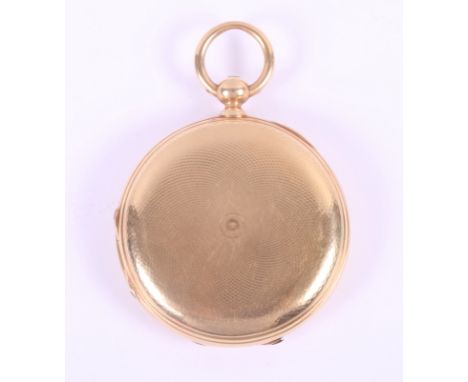 A yellow metal cased pocket watch with engine turned decoration, white enamel dial with Roman numerals and subsidiary seconds