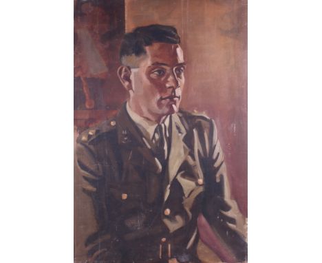An oil on canvas portrait of a military man, verso a portrait of the artist painting, 30" x 20" overall, unframed