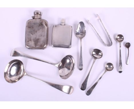 A pair of silver sauce ladles, two hip flasks and assorted spoons, 10.2oz troy approxCondition:The bigger hip flask is dented