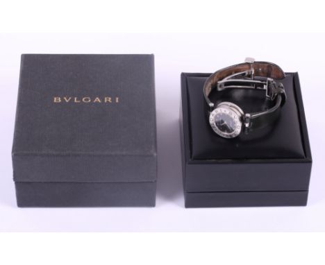 A B.Zero 1 design stainless steel cased wristwatch, with black enamel dial and triangular numerals, stamped Bulgari, on assoc