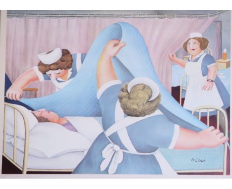† Beryl Cook: a signed colour print, three nurses changing a patient's bed, published 1983 by Alexander Gallery, in strip fra