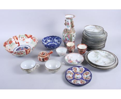 An Imari bowl, a Japanese eggshell part teaset, a Canton enamel vase (damaged) and other items