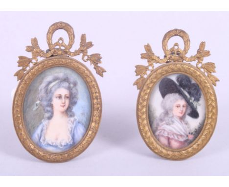 A pair of portrait miniatures, 18th century beauties, in gilt metal frames, 2 3/4" high