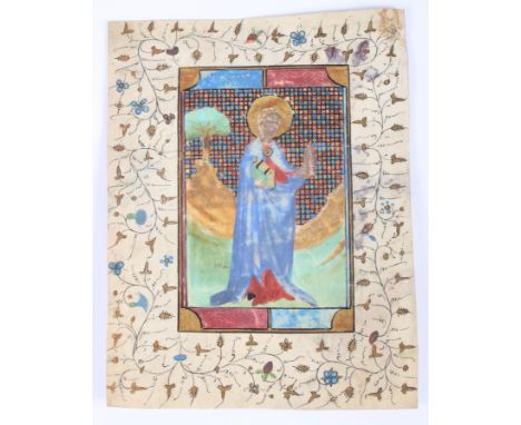 A Medieval illuminated manuscript page "Virgin of Wisdom", 6 1/4" x 4 5/8", with shields verso (rubbed), unframed