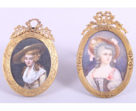 Two portrait miniatures, 18th century beauties, in gilt metal frames, 4 1/4" high