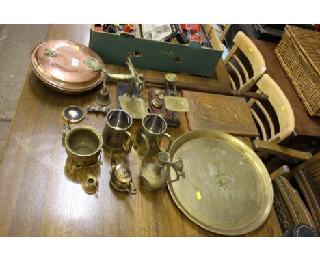 A copper warming pan; and a quantity of various brassware to include a set of postal scales etc. 