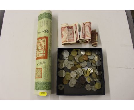 A tray of coinage, bank notes and share certificates 
